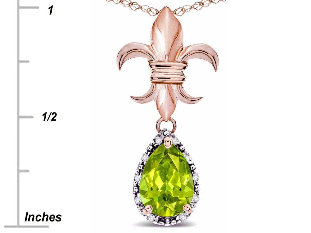 Star K  Pear Shape 8x6mm Genuine Peridot Fleur De Lis Pendant Necklace 14k Rose Gold
