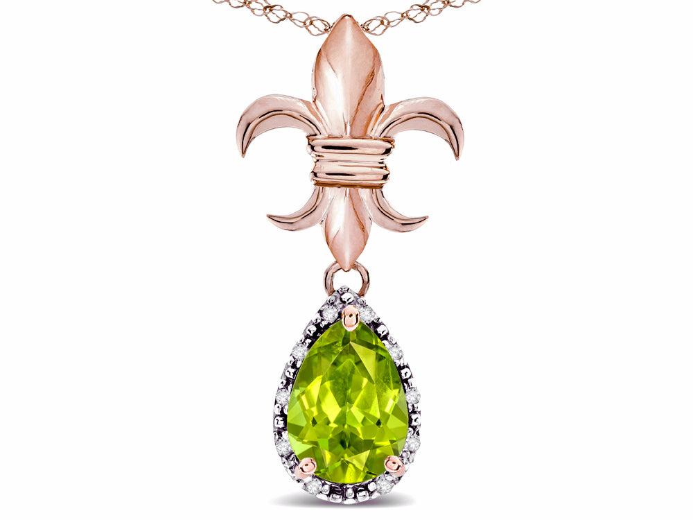 Star K  Pear Shape 8x6mm Genuine Peridot Fleur De Lis Pendant Necklace 14k Rose Gold