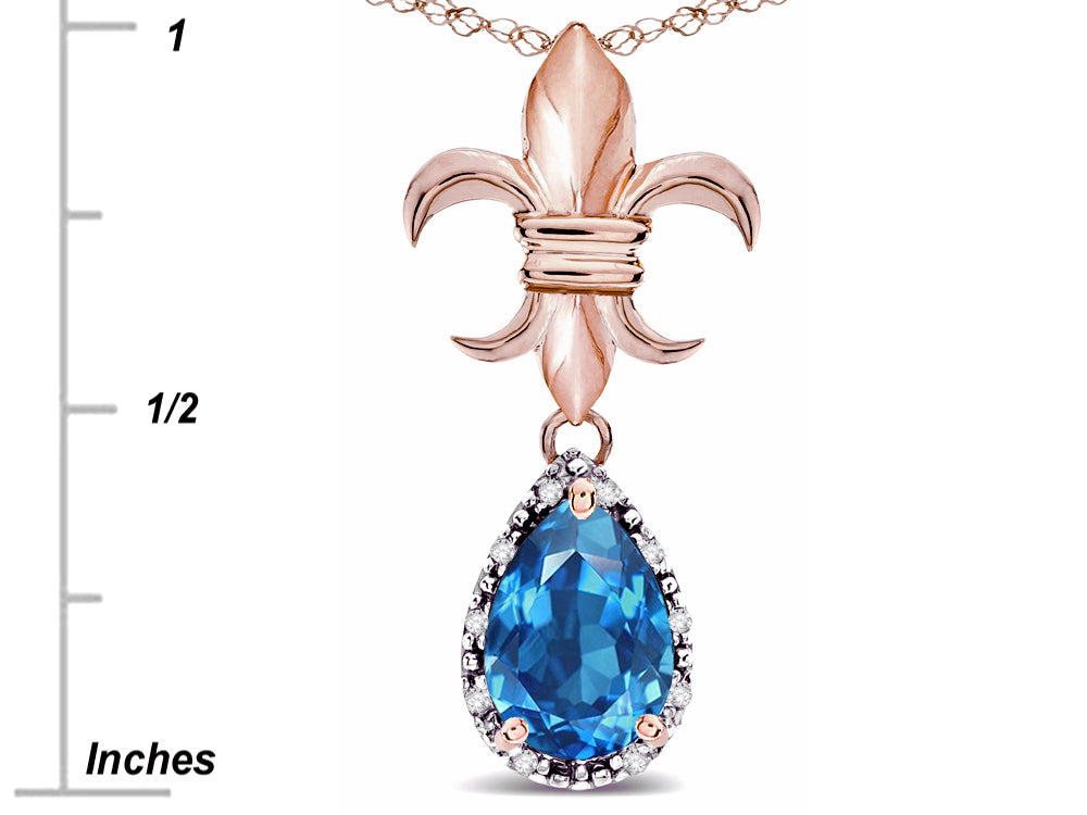 Star K  Pear Shape 8x6mm Genuine Blue Topaz Fleur De Lis Pendant Necklace 14k Rose Gold