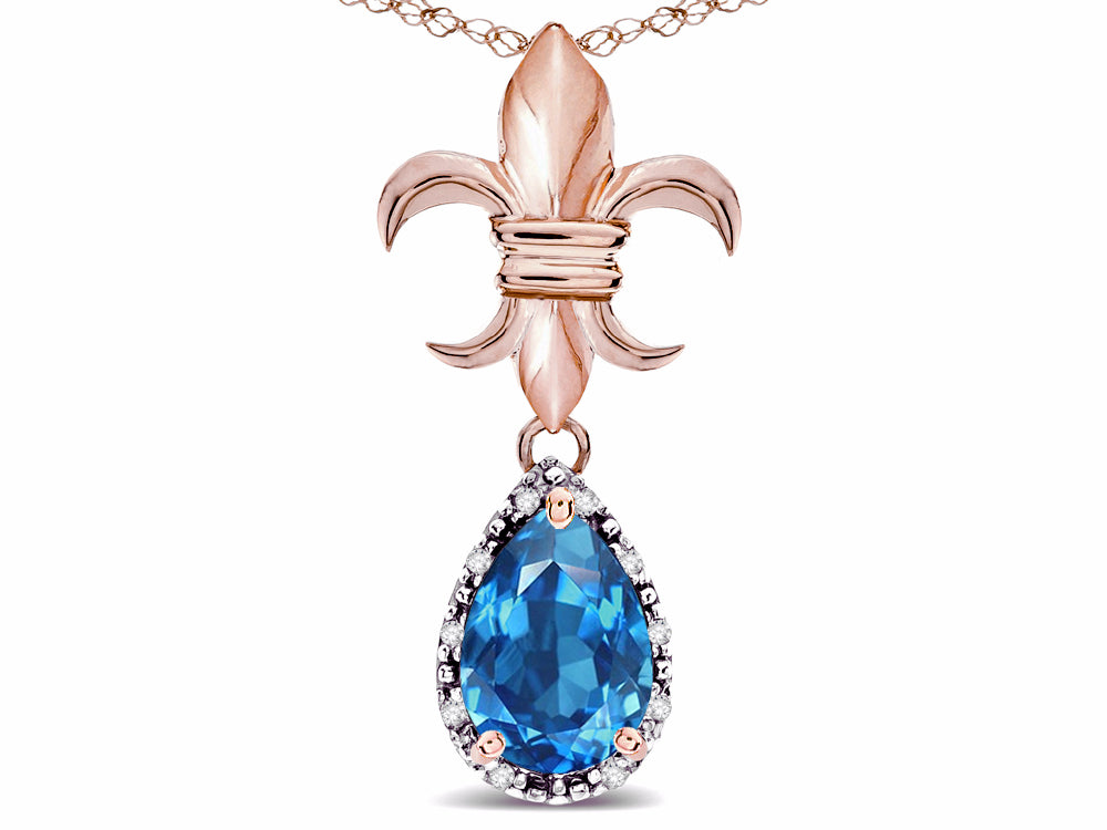 Star K  Pear Shape 8x6mm Genuine Blue Topaz Fleur De Lis Pendant Necklace 14k Rose Gold