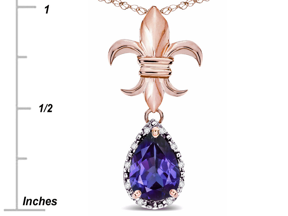 Star K  Pear Shape 8x6mm Genuine Iolite Fleur De Lis Pendant Necklace 14k Rose Gold