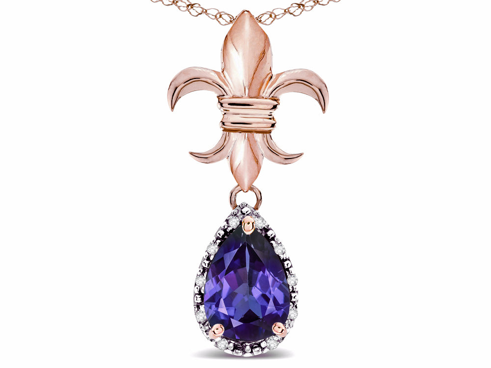 Star K  Pear Shape 8x6mm Genuine Iolite Fleur De Lis Pendant Necklace 14k Rose Gold