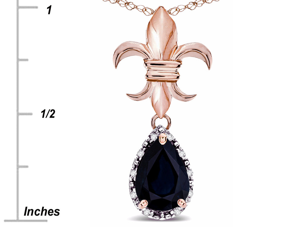 Star K  Pear Shape 8x6mm Genuine Black Sapphire Fleur De Lis Pendant Necklace 14k Rose Gold