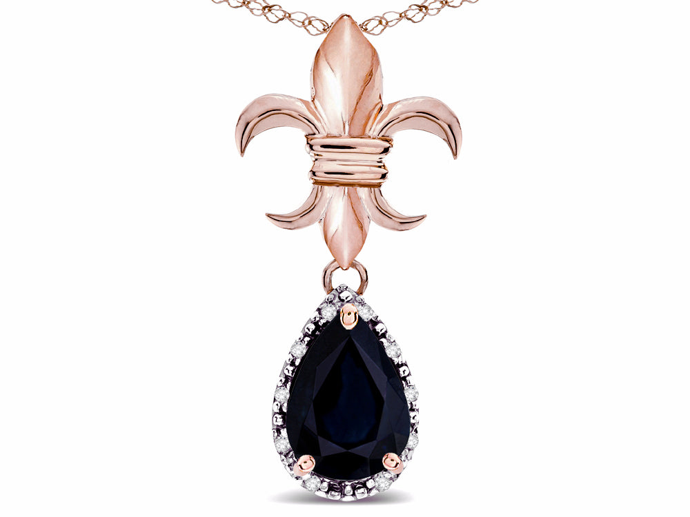 Star K  Pear Shape 8x6mm Genuine Black Sapphire Fleur De Lis Pendant Necklace 14k Rose Gold