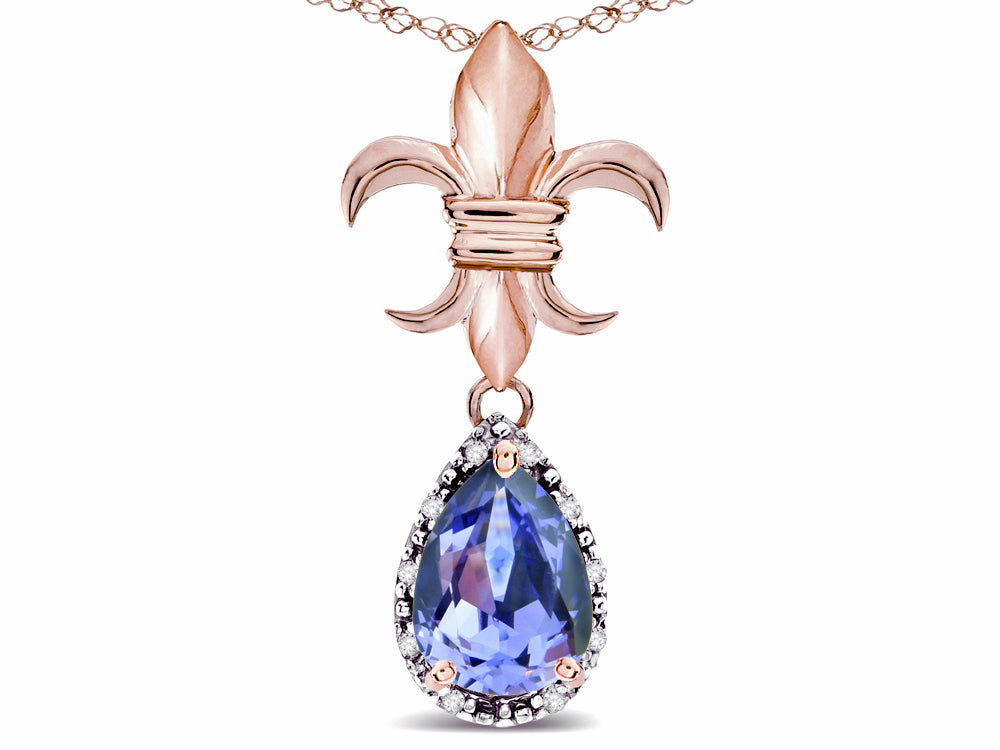 Star K  Pear Shape 8x6mm Genuine Tanzanite Fleur De Lis Pendant Necklace 14k Rose Gold