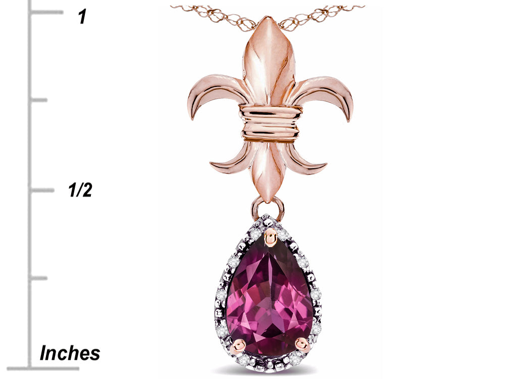 Star K  Pear Shape 8x6mm Genuine Rhodolite Fleur De Lis Pendant Necklace 14k Rose Gold
