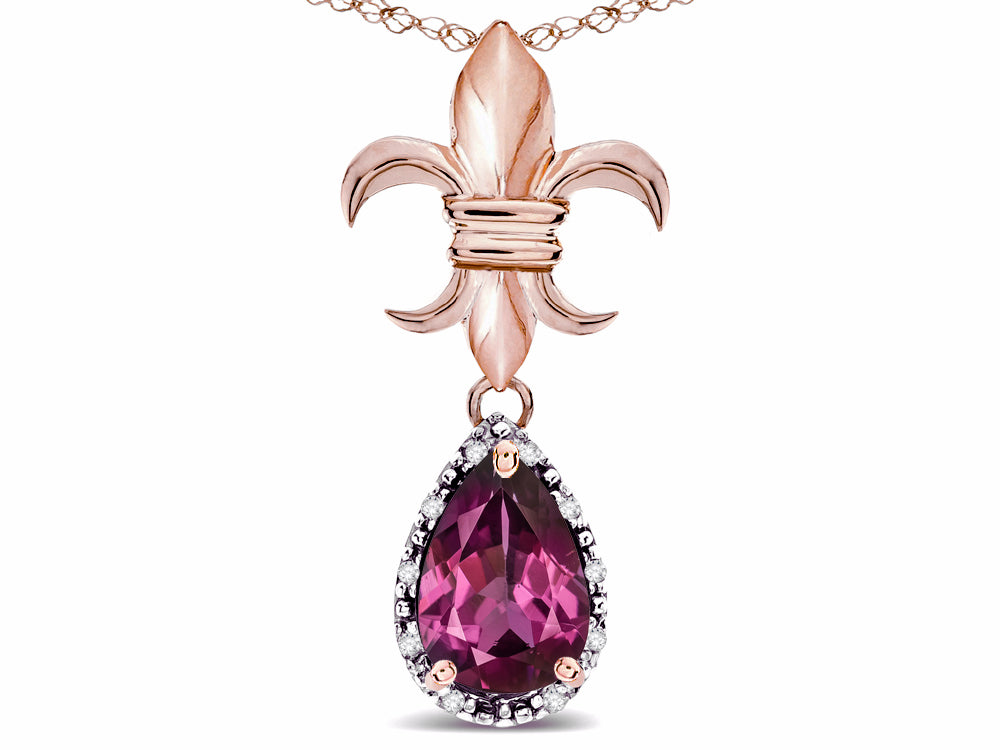Star K  Pear Shape 8x6mm Genuine Rhodolite Fleur De Lis Pendant Necklace 14k Rose Gold