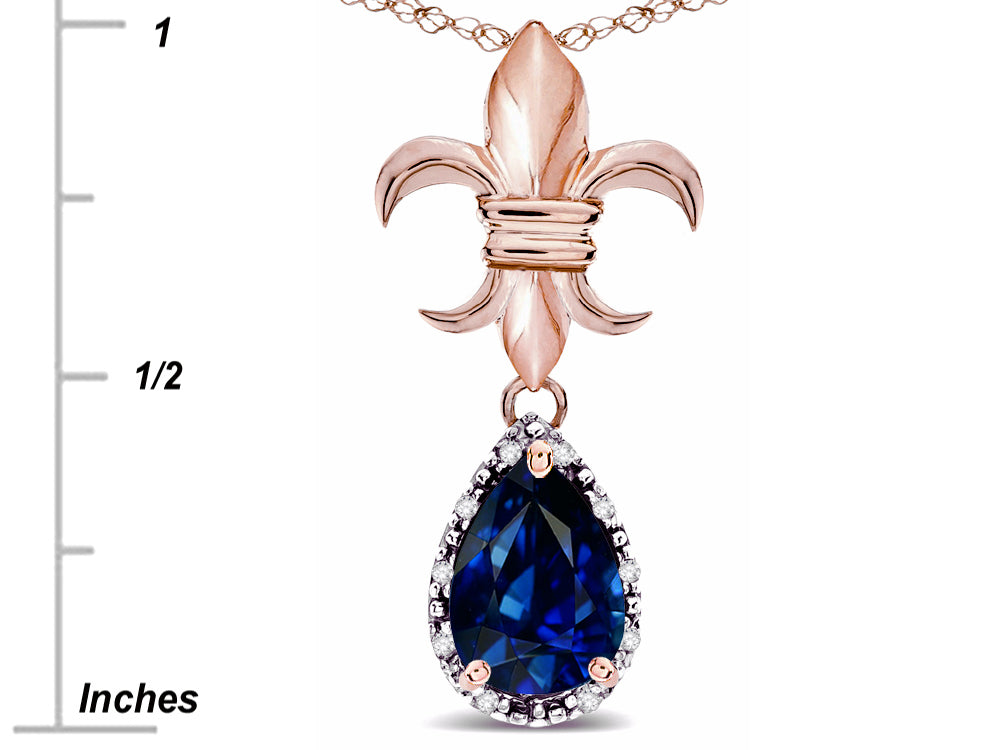 Star K  Pear Shape 8x6mm Created Sapphire Fleur De Lis Pendant Necklace 14k Rose Gold
