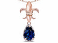 Star K  Pear Shape 8x6mm Created Sapphire Fleur De Lis Pendant Necklace 14k Rose Gold