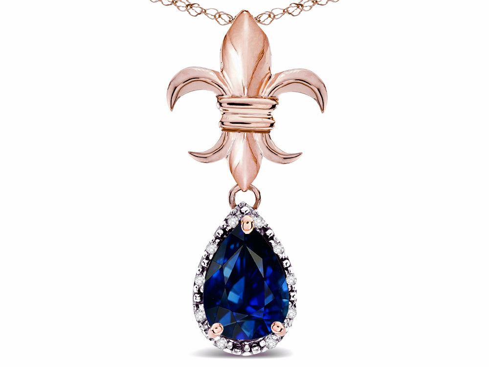 Star K  Pear Shape 8x6mm Created Sapphire Fleur De Lis Pendant Necklace 14k Rose Gold