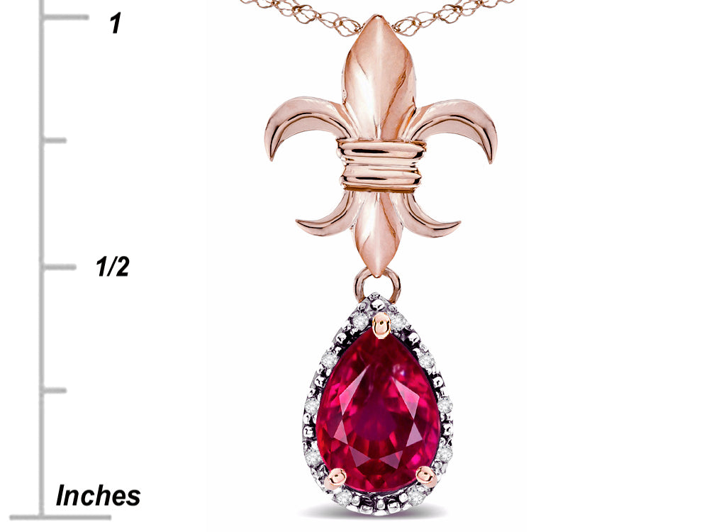 Star K  Pear Shape 8x6mm Created Ruby Fleur De Lis Pendant Necklace 14k Rose Gold