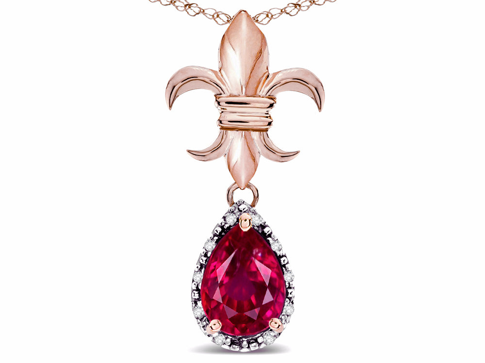 Star K  Pear Shape 8x6mm Created Ruby Fleur De Lis Pendant Necklace 14k Rose Gold