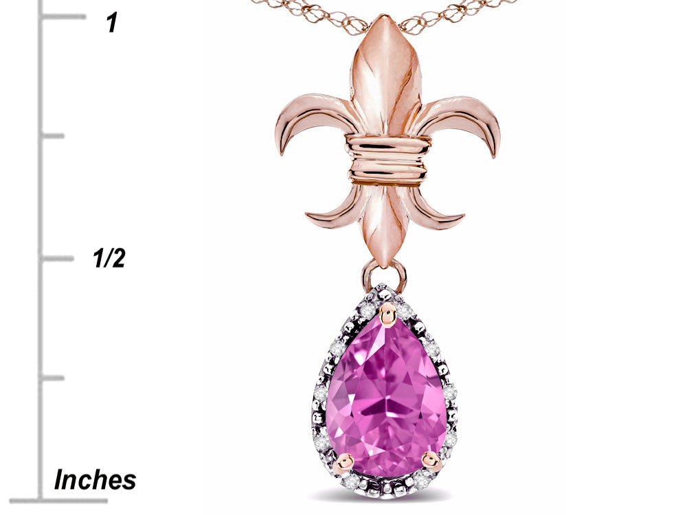 Star K  Pear Shape 8x6mm Created Pink Sapphire Fleur De Lis Pendant Necklace 14k Rose Gold