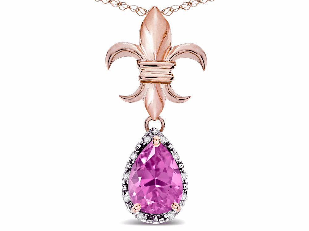 Star K  Pear Shape 8x6mm Created Pink Sapphire Fleur De Lis Pendant Necklace 14k Rose Gold