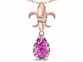 Star K  Pear Shape 8x6mm Created Pink Sapphire Fleur De Lis Pendant Necklace 14k Rose Gold