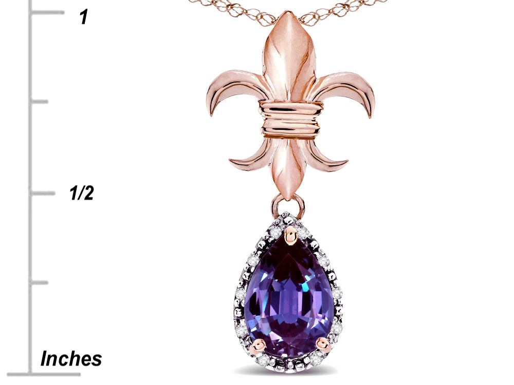 Star K  Pear Shape 8x6mm Simulated Alexandrite Fleur De Lis Pendant Necklace 14k Rose Gold