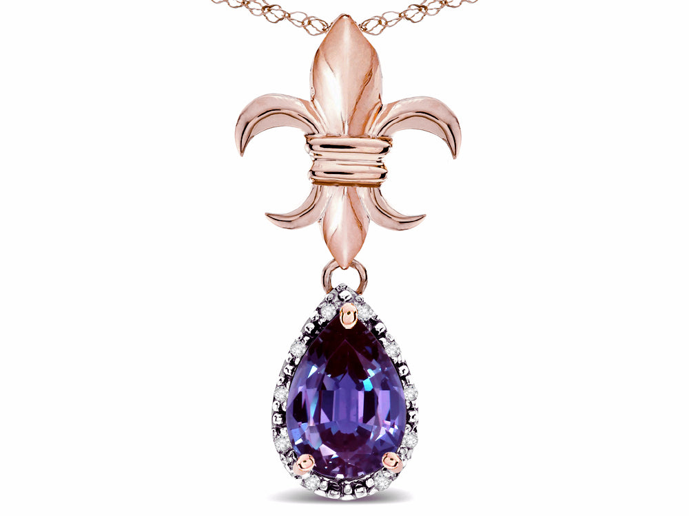 Star K  Pear Shape 8x6mm Simulated Alexandrite Fleur De Lis Pendant Necklace 14k Rose Gold