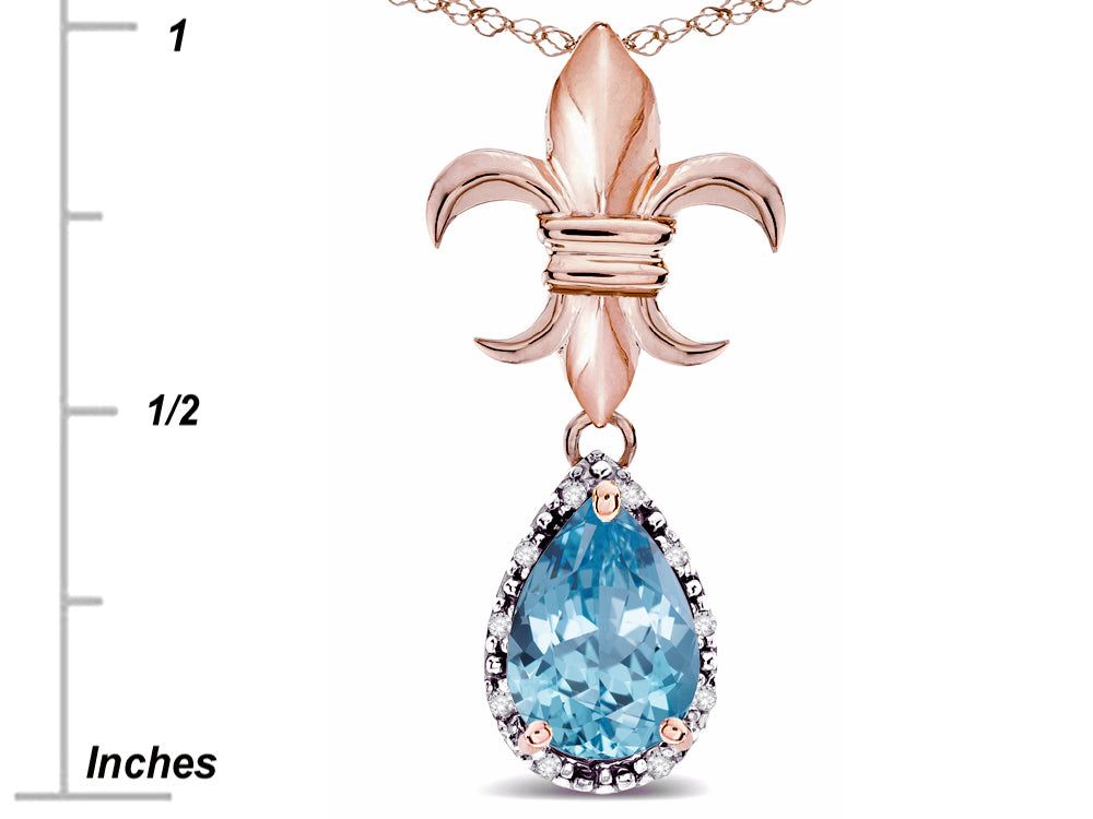 Star K  Pear Shape 8x6mm Simulated Aquamarine Fleur De Lis Pendant Necklace 14k Rose Gold