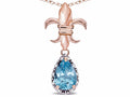 Star K  Pear Shape 8x6mm Simulated Aquamarine Fleur De Lis Pendant Necklace 14k Rose Gold