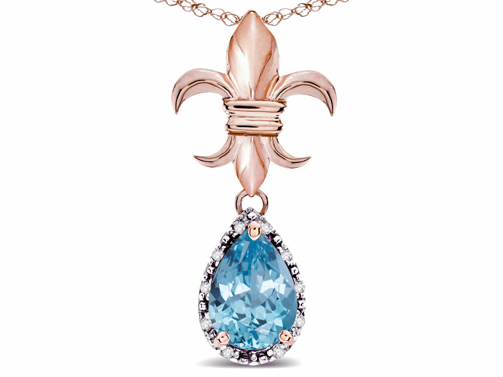 Star K  Pear Shape 8x6mm Simulated Aquamarine Fleur De Lis Pendant Necklace 14k Rose Gold