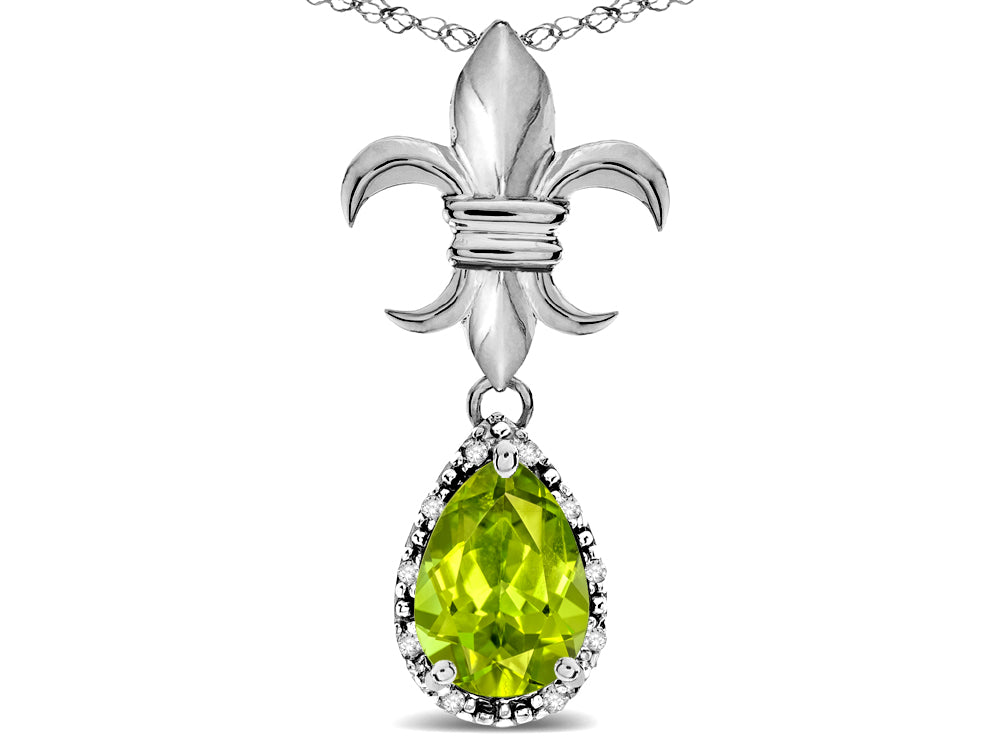 Star K  Pear Shape 8x6mm Genuine Peridot Fleur De Lis Pendant Necklace 10k White Gold