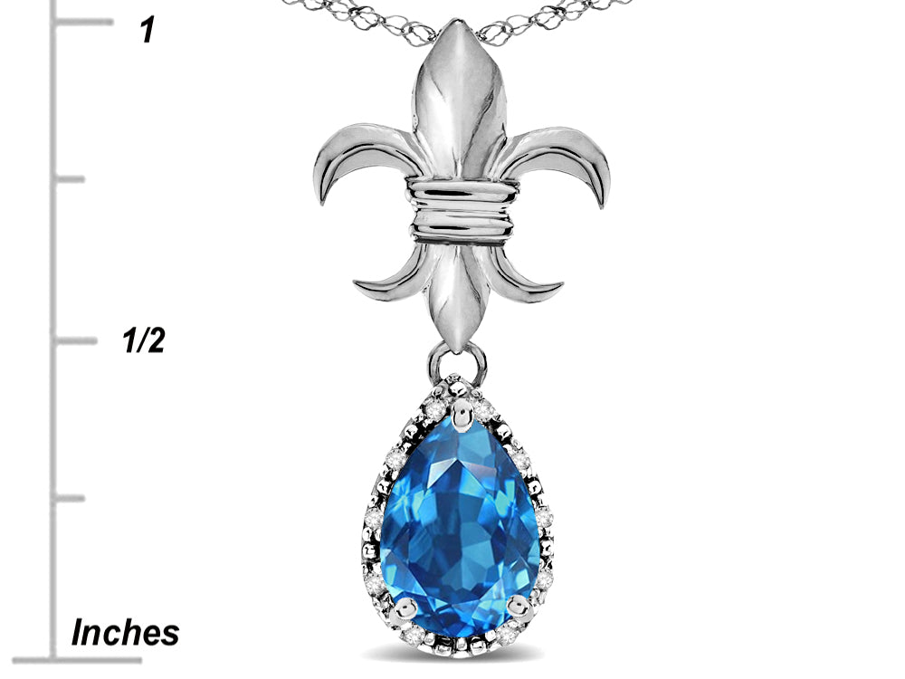 Star K  Pear Shape 8x6mm Genuine Blue Topaz Fleur De Lis Pendant Necklace 10k White Gold