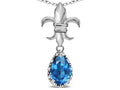 Star K  Pear Shape 8x6mm Genuine Blue Topaz Fleur De Lis Pendant Necklace 10k White Gold