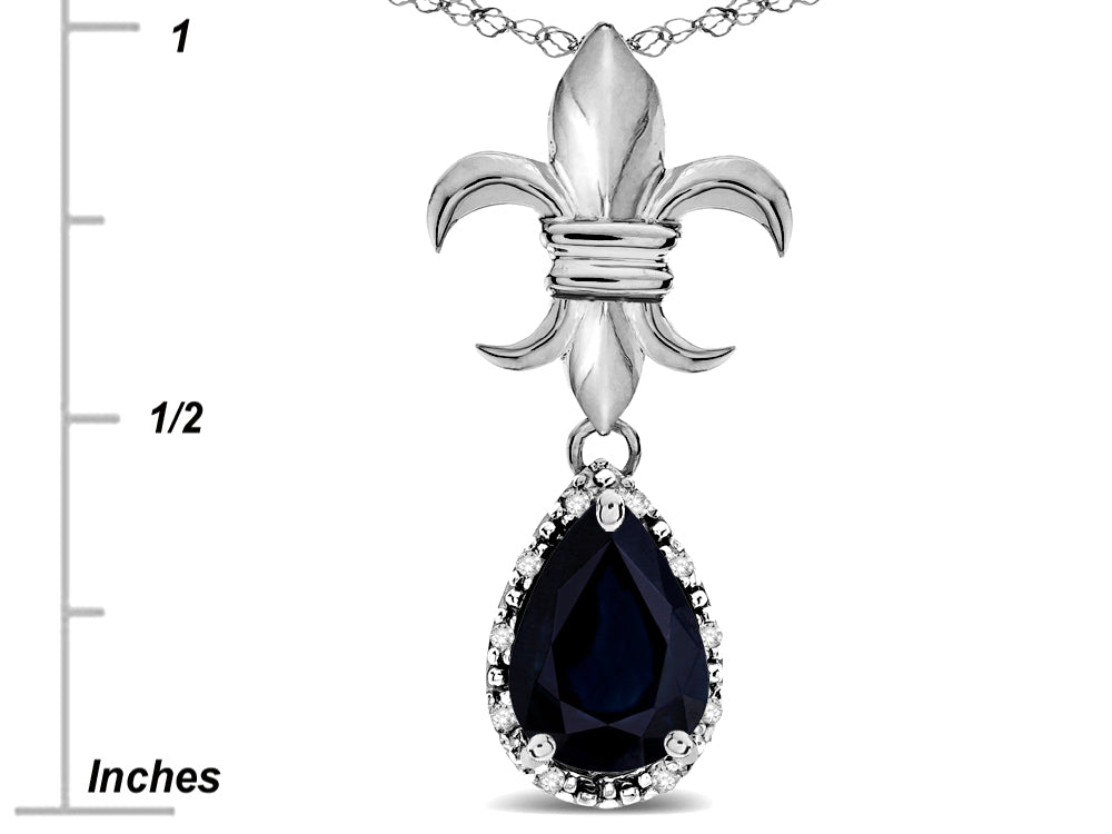 Star K  Pear Shape 8x6mm Genuine Black Sapphire Fleur De Lis Pendant Necklace 10k White Gold