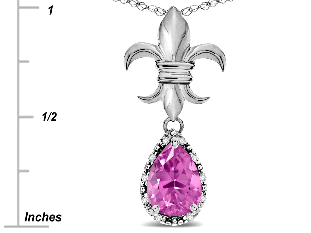 Star K  Pear Shape 8x6mm Created Pink Sapphire Fleur De Lis Pendant Necklace 10k White Gold