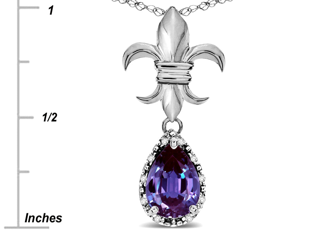 Star K  Pear Shape 8x6mm Simulated Alexandrite Fleur De Lis Pendant Necklace 10k White Gold