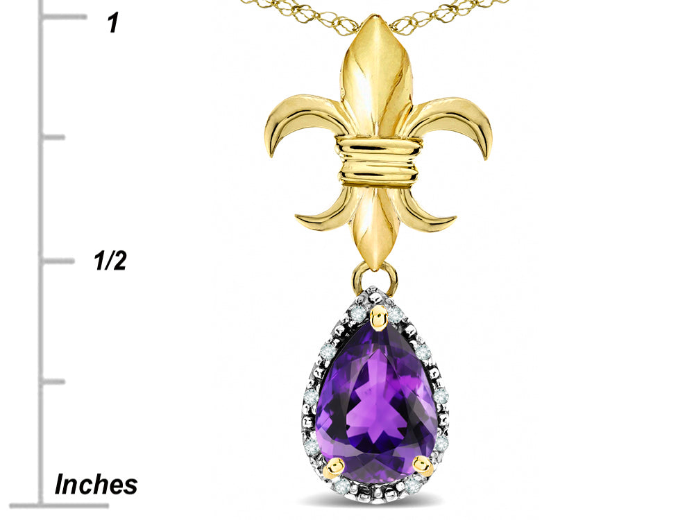 Star K  Pear Shape 8x6mm Genuine Amethyst Fleur De Lis Pendant Necklace 10k Yellow Gold