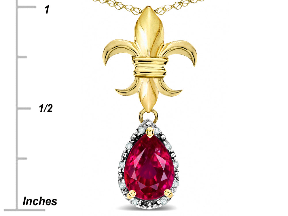 Star K  Pear Shape 8x6mm Created Ruby Fleur De Lis Pendant Necklace 10k Yellow Gold