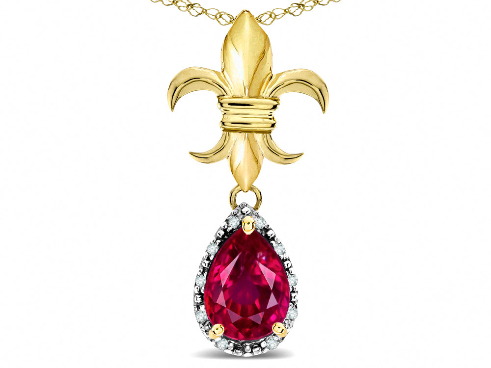 Star K  Pear Shape 8x6mm Created Ruby Fleur De Lis Pendant Necklace 10k Yellow Gold