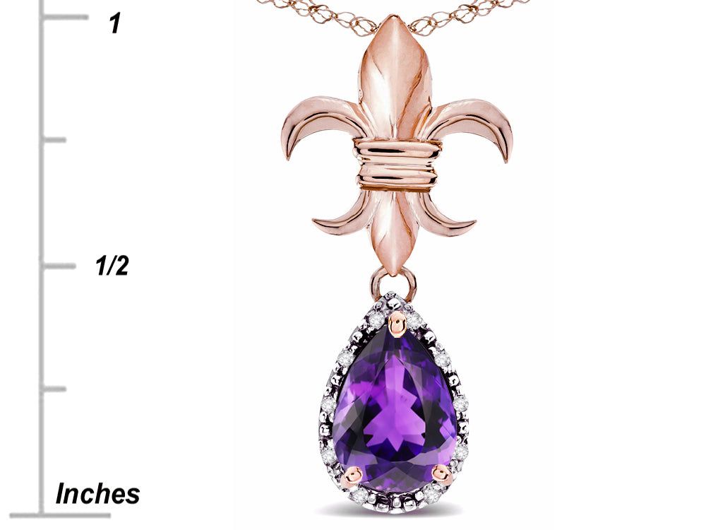 Star K  Pear Shape 8x6mm Genuine Amethyst Fleur De Lis Pendant Necklace 10k Rose Gold