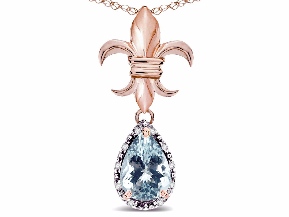 Star K  Pear Shape 8x6mm Genuine Aquamarine Fleur De Lis Pendant Necklace 18k Rose Gold