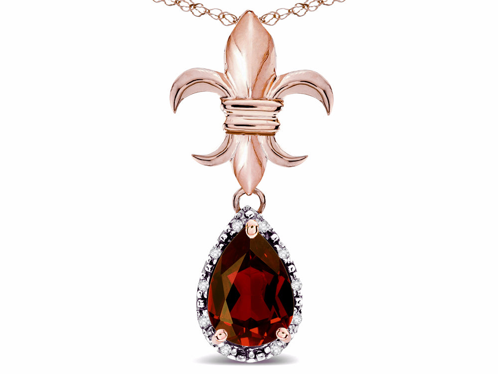 Star K  Pear Shape 8x6mm Genuine Garnet Fleur De Lis Pendant Necklace 18k Rose Gold
