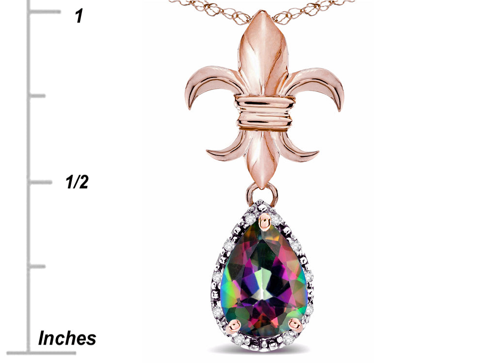 Star K  Pear Shape 8x6mm Rainbow Mystic Topaz Fleur De Lis Pendant Necklace 18k Rose Gold
