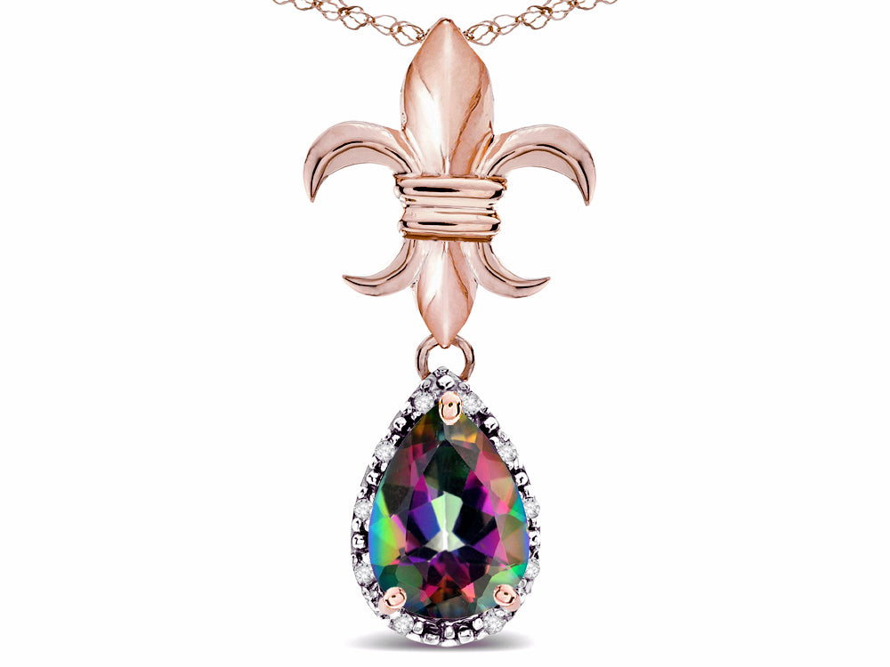 Star K  Pear Shape 8x6mm Rainbow Mystic Topaz Fleur De Lis Pendant Necklace 18k Rose Gold