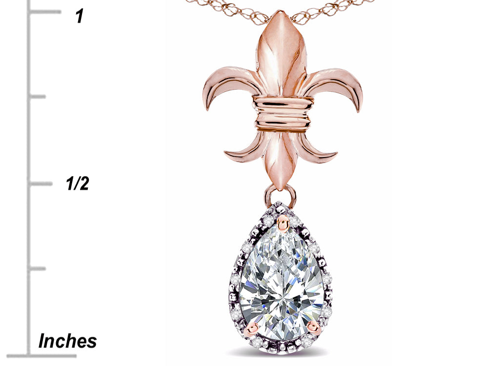 Star K  Pear Shape 8x6mm Genuine White Topaz Fleur De Lis Pendant Necklace 18k Rose Gold
