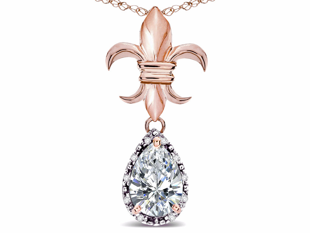 Star K  Pear Shape 8x6mm Genuine White Topaz Fleur De Lis Pendant Necklace 18k Rose Gold