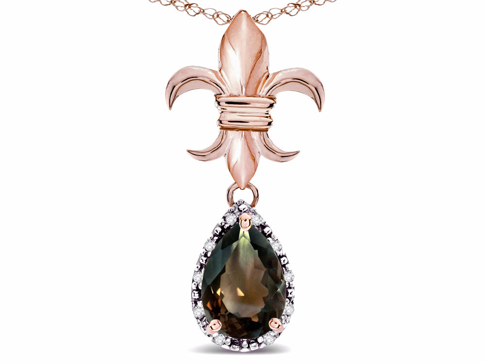 Star K  Pear Shape 8x6mm Genuine Smoky Quartz Fleur De Lis Pendant Necklace 18k Rose Gold