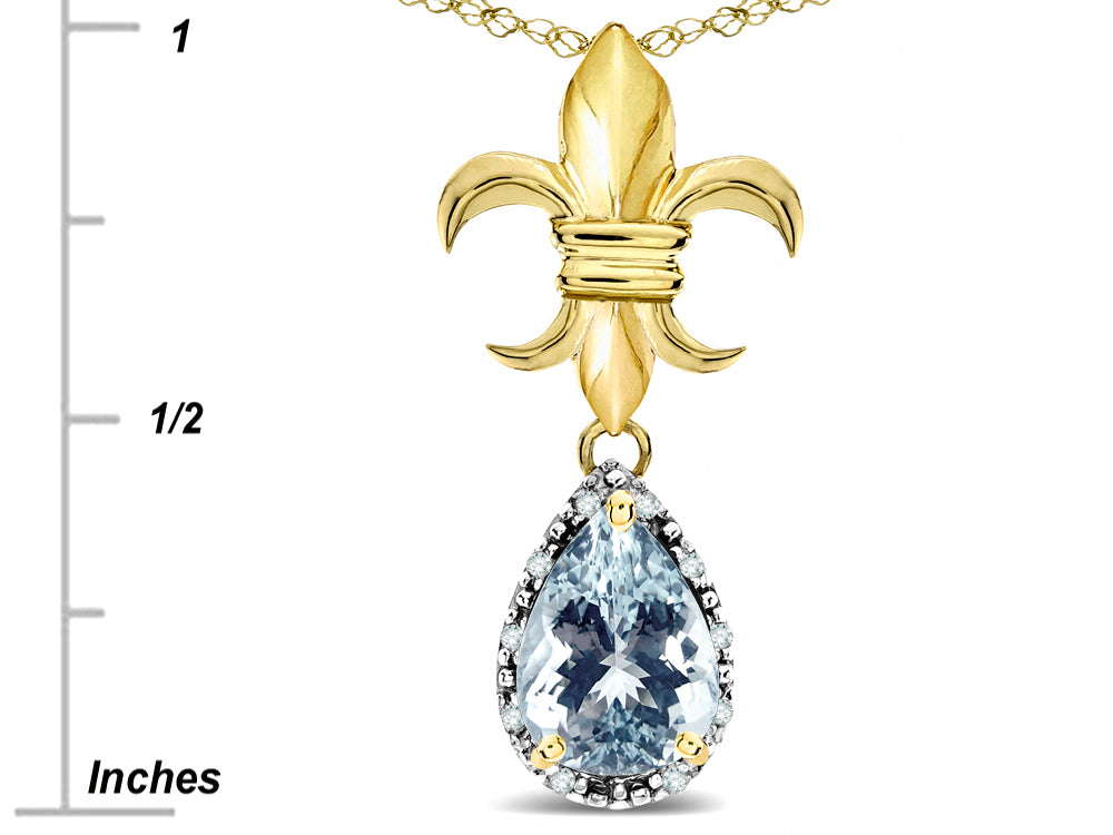 Star K  Pear Shape 8x6mm Genuine Aquamarine Fleur De Lis Pendant Necklace 18k Yellow Gold