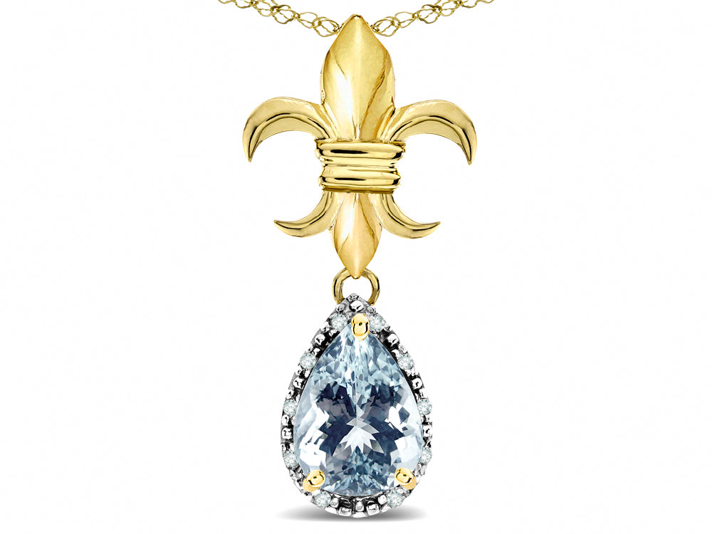 Star K  Pear Shape 8x6mm Genuine Aquamarine Fleur De Lis Pendant Necklace 18k Yellow Gold