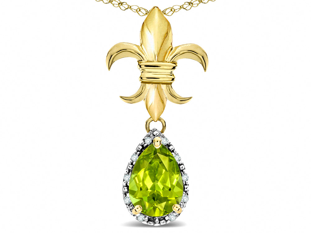 Star K  Pear Shape 8x6mm Genuine Peridot Fleur De Lis Pendant Necklace 18k Yellow Gold