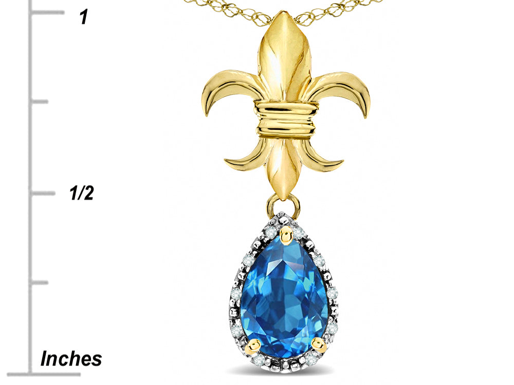 Star K  Pear Shape 8x6mm Genuine Blue Topaz Fleur De Lis Pendant Necklace 18k Yellow Gold