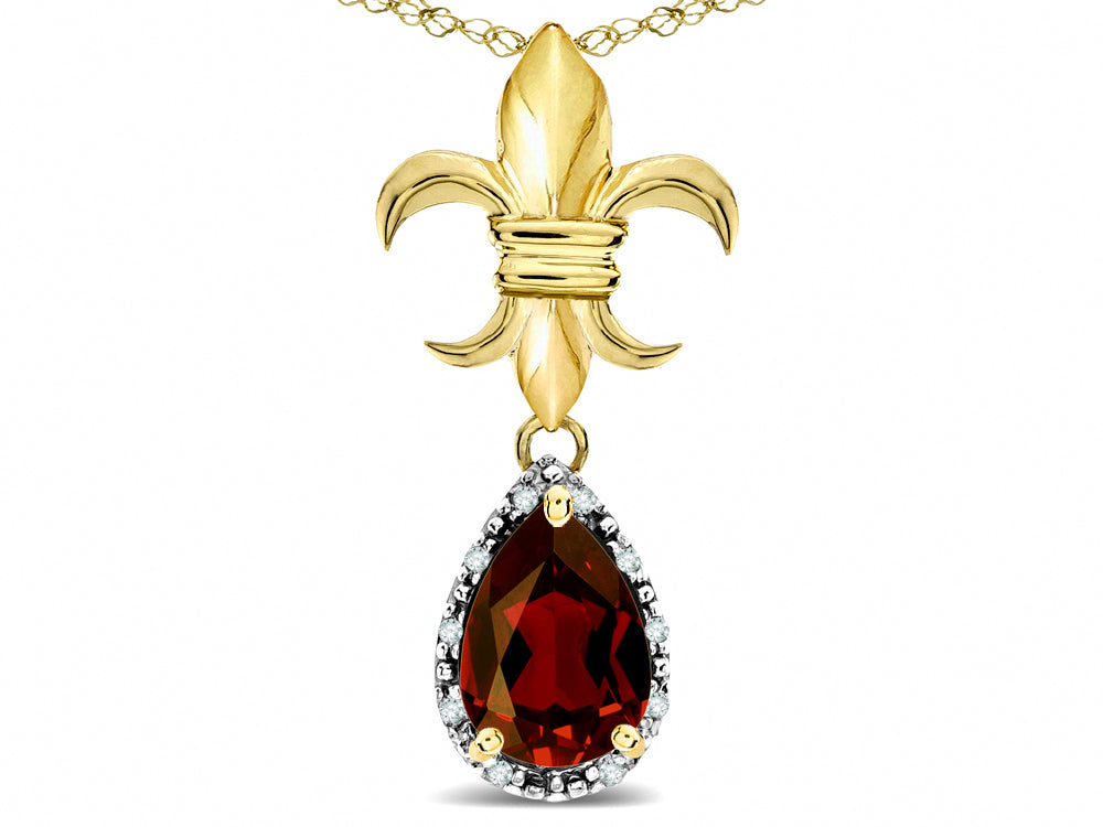 Star K  Pear Shape 8x6mm Genuine Garnet Fleur De Lis Pendant Necklace 18k Yellow Gold