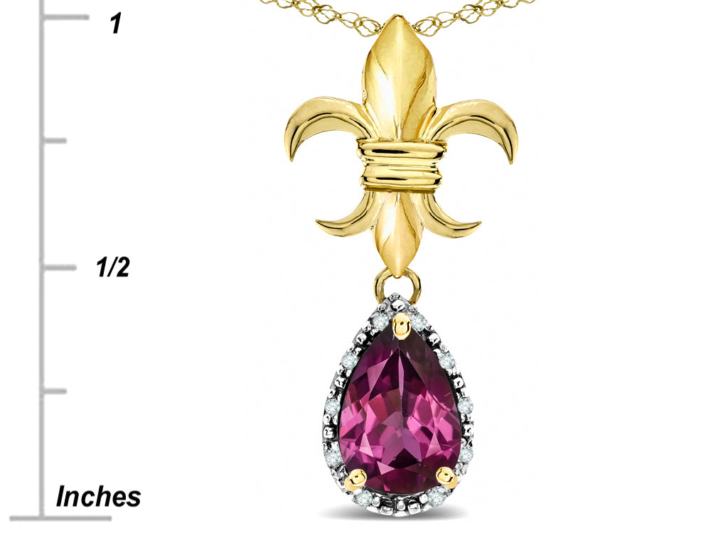 Star K  Pear Shape 8x6mm Genuine Rhodolite Fleur De Lis Pendant Necklace 18k Yellow Gold