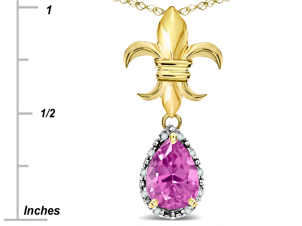 Star K  Pear Shape 8x6mm Created Pink Sapphire Fleur De Lis Pendant Necklace 18k Yellow Gold