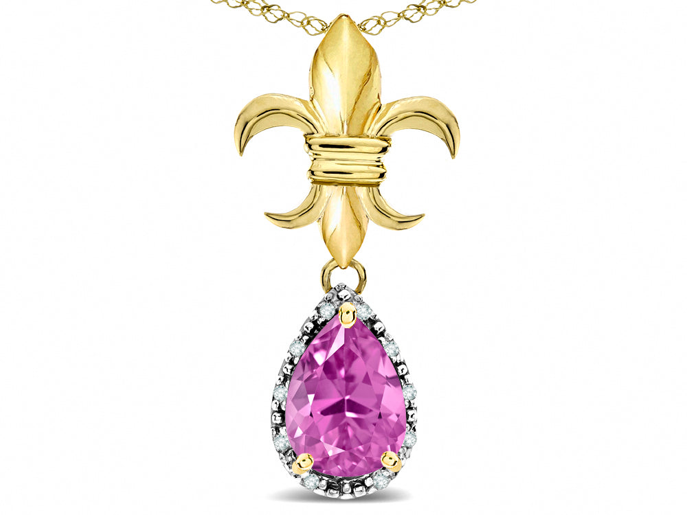 Star K  Pear Shape 8x6mm Created Pink Sapphire Fleur De Lis Pendant Necklace 18k Yellow Gold