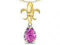 Star K  Pear Shape 8x6mm Created Pink Sapphire Fleur De Lis Pendant Necklace 18k Yellow Gold